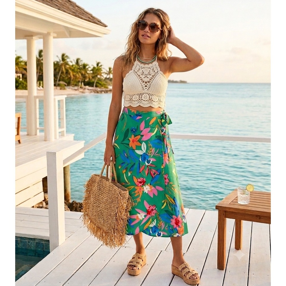 J.Crew Resortwear Cruise Hawaiian Floral Faux Wrap Midi Skirt Size M Tie Waist